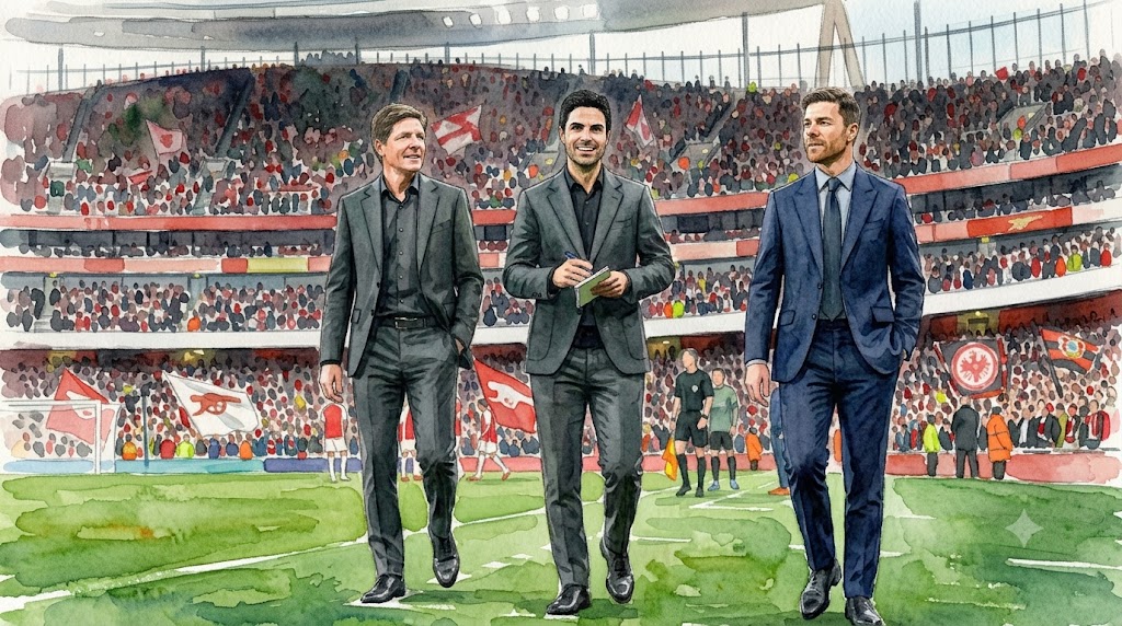 Illustration en aquarelle montrant Oliver Glasner, Mikel Arteta et Xabi Alonso sur le bord d'un terrain de football dans un stade de Premier League.