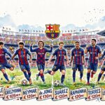 Cette illustration à l'aquarelle capture une vue d'ensemble du stade Camp Nou du FC Barcelone, avec son architecture emblématique, ses tribunes remplies de spectateurs et la célèbre phrase « MÉS QUE UN CLUB » (Plus qu'un club) affichée de manière prominente. Une rangée de neuf joueurs en action, portant différents maillots historiques (Rakuten, Qatar Airways, Spotify), est disposée sur la pelouse au premier plan. L'écusson du FC Barcelone est centré au-dessus de la scène. Sous les joueurs, une bannière en papier peint contient des étiquettes individuelles avec les noms et les montants des frais de transfert en euros : Coutinho, Dembélé, Griezmann, Neymar, de Jong, Suárez, Raphinha, Torres, Lewandowski, et Pjanić. L'image comprend également des ballons de football et des petits drapeaux de la Catalogne et du club.