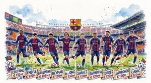Cette illustration à l'aquarelle capture une vue d'ensemble du stade Camp Nou du FC Barcelone, avec son architecture emblématique, ses tribunes remplies de spectateurs et la célèbre phrase « MÉS QUE UN CLUB » (Plus qu'un club) affichée de manière prominente. Une rangée de neuf joueurs en action, portant différents maillots historiques (Rakuten, Qatar Airways, Spotify), est disposée sur la pelouse au premier plan. L'écusson du FC Barcelone est centré au-dessus de la scène. Sous les joueurs, une bannière en papier peint contient des étiquettes individuelles avec les noms et les montants des frais de transfert en euros : Coutinho, Dembélé, Griezmann, Neymar, de Jong, Suárez, Raphinha, Torres, Lewandowski, et Pjanić. L'image comprend également des ballons de football et des petits drapeaux de la Catalogne et du club.