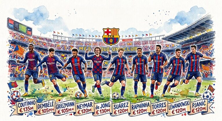 Cette illustration à l'aquarelle capture une vue d'ensemble du stade Camp Nou du FC Barcelone, avec son architecture emblématique, ses tribunes remplies de spectateurs et la célèbre phrase « MÉS QUE UN CLUB » (Plus qu'un club) affichée de manière prominente. Une rangée de neuf joueurs en action, portant différents maillots historiques (Rakuten, Qatar Airways, Spotify), est disposée sur la pelouse au premier plan. L'écusson du FC Barcelone est centré au-dessus de la scène. Sous les joueurs, une bannière en papier peint contient des étiquettes individuelles avec les noms et les montants des frais de transfert en euros : Coutinho, Dembélé, Griezmann, Neymar, de Jong, Suárez, Raphinha, Torres, Lewandowski, et Pjanić. L'image comprend également des ballons de football et des petits drapeaux de la Catalogne et du club.