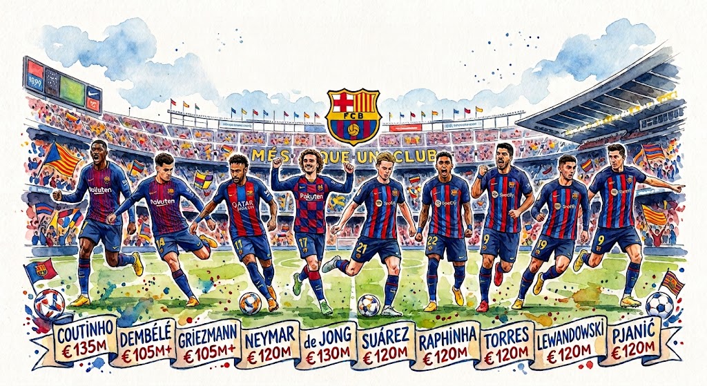 Cette illustration à l'aquarelle capture une vue d'ensemble du stade Camp Nou du FC Barcelone, avec son architecture emblématique, ses tribunes remplies de spectateurs et la célèbre phrase « MÉS QUE UN CLUB » (Plus qu'un club) affichée de manière prominente. Une rangée de neuf joueurs en action, portant différents maillots historiques (Rakuten, Qatar Airways, Spotify), est disposée sur la pelouse au premier plan. L'écusson du FC Barcelone est centré au-dessus de la scène. Sous les joueurs, une bannière en papier peint contient des étiquettes individuelles avec les noms et les montants des frais de transfert en euros : Coutinho, Dembélé, Griezmann, Neymar, de Jong, Suárez, Raphinha, Torres, Lewandowski, et Pjanić. L'image comprend également des ballons de football et des petits drapeaux de la Catalogne et du club.