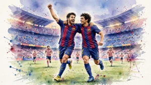 Illustration aquarelle de deux joueurs du FC Barcelone célébrant un but contre l'Athletic Bilbao au stade Camp Nou, victoire 2-0 en Liga