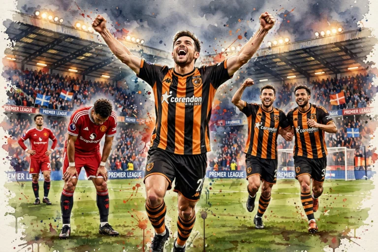 Joueurs de Hull City en maillot orange et noir célébrant leur victoire 2-0 contre Manchester United en Premier League, illustration aquarelle