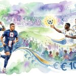 Illustration artistique en aquarelle représentant plusieurs joueurs de football célèbres, dont Mbappé et Neymar, au-dessus d'un terrain de football avec des symboles d'euros.