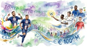 Illustration artistique en aquarelle représentant plusieurs joueurs de football célèbres, dont Mbappé et Neymar, au-dessus d'un terrain de football avec des symboles d'euros.