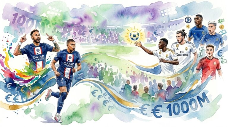 Illustration artistique en aquarelle représentant plusieurs joueurs de football célèbres, dont Mbappé et Neymar, au-dessus d'un terrain de football avec des symboles d'euros.