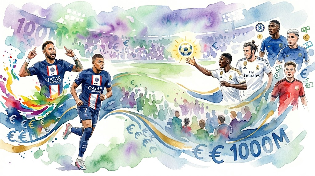 Illustration artistique en aquarelle représentant plusieurs joueurs de football célèbres, dont Mbappé et Neymar, au-dessus d'un terrain de football avec des symboles d'euros.