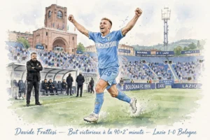 Davide Frattesi célèbre son but victorieux pour la Lazio contre Bologne au stade Renato Dall'Ara, première victoire de Gennaro Gattuso comme entraîneur en Serie A, illustration style aquarelle