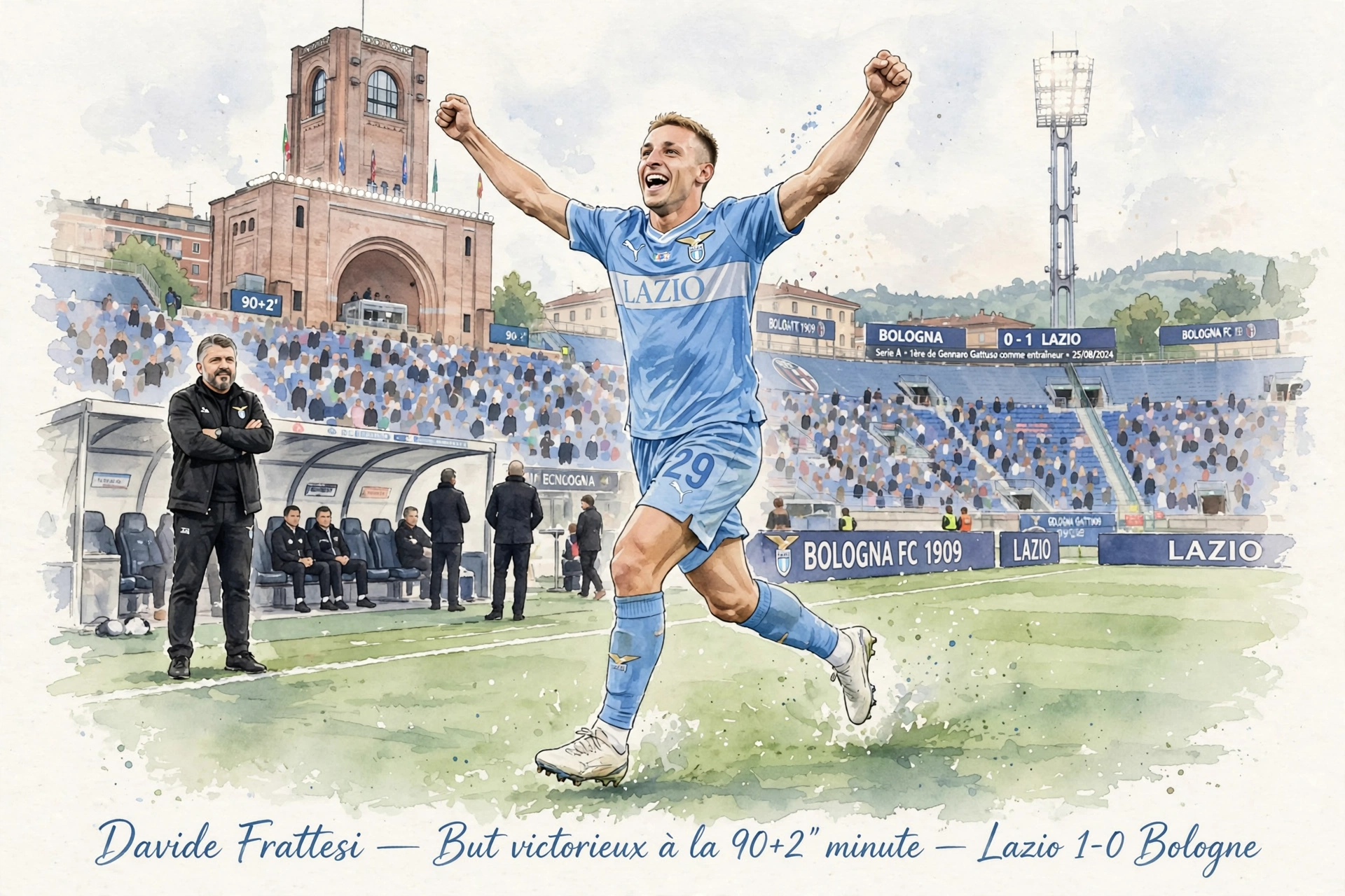 Davide Frattesi célèbre son but victorieux pour la Lazio contre Bologne au stade Renato Dall'Ara, première victoire de Gennaro Gattuso comme entraîneur en Serie A, illustration style aquarelle