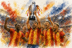 Joueurs du RC Lens célébrant leur victoire en Supercoupe de France 2026 avec le trophée