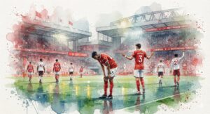 Illustration à l'aquarelle du match de football Liverpool contre Nottingham Forest se terminant par un match nul 2-2 à Anfield.