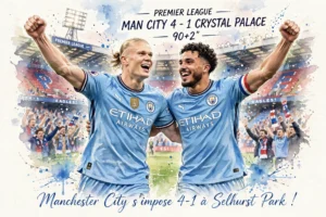 Erling Haaland et Rayan Cherki célèbrent la victoire 4-1 de Manchester City contre Crystal Palace en Premier League, illustration aquarelle