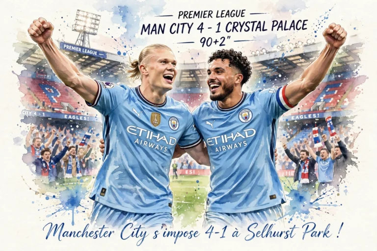 Erling Haaland et Rayan Cherki célèbrent la victoire 4-1 de Manchester City contre Crystal Palace en Premier League, illustration aquarelle