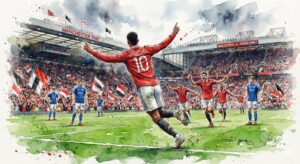 Illustration à l'aquarelle de Marcus Rashford célébrant un but sous le maillot de Manchester United devant une tribune rouge et blanche en liesse, lors d'un match contre Ipswich Town.