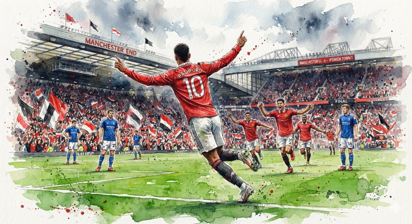 Illustration à l'aquarelle de Marcus Rashford célébrant un but sous le maillot de Manchester United devant une tribune rouge et blanche en liesse, lors d'un match contre Ipswich Town.