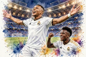 Illustration aquarelle de Kylian Mbappé et Vinícius Júnior célébrant une victoire 4-1 du Real Madrid contre la Real Sociedad au stade Santiago Bernabeu