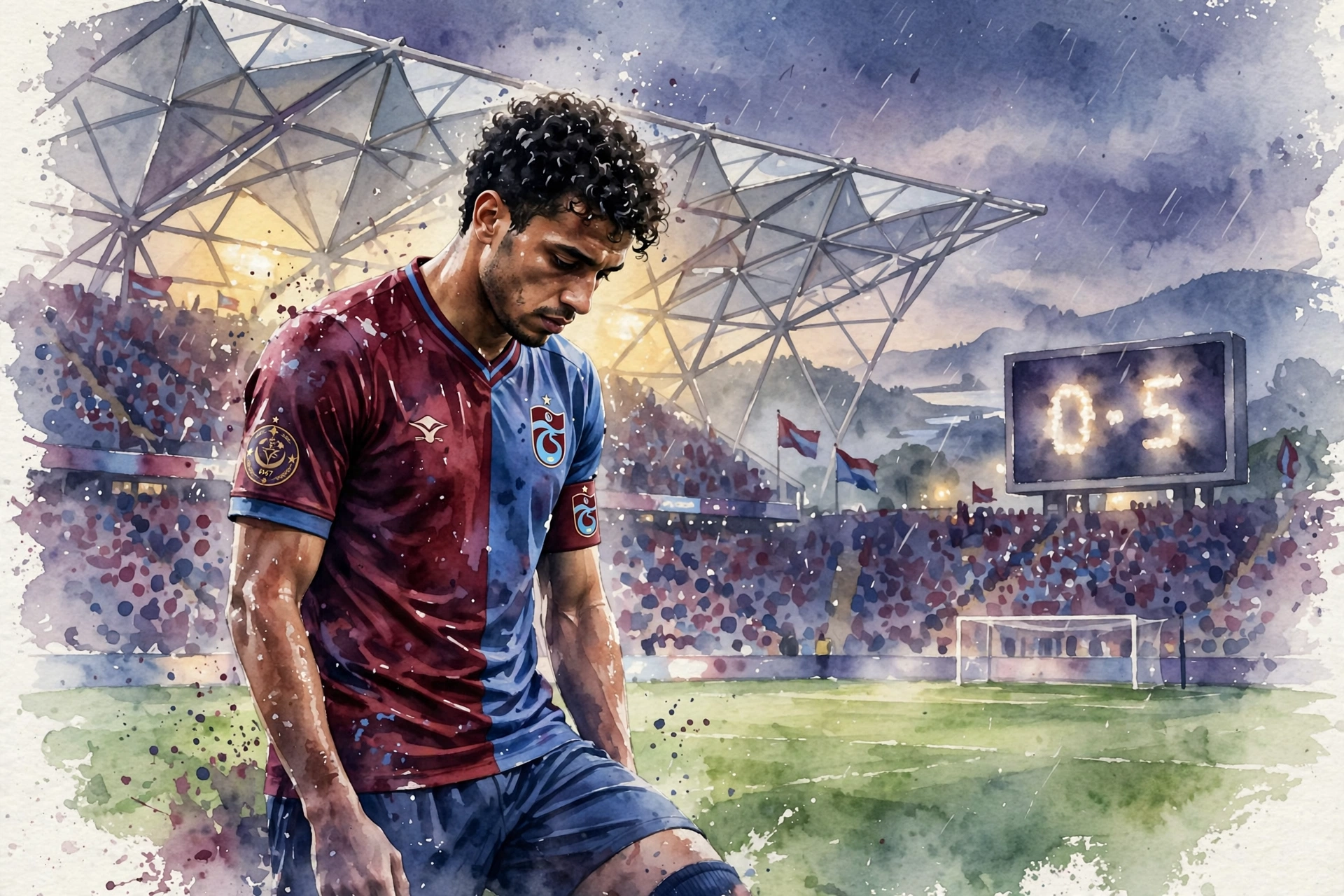 Illustration aquarelle d'un joueur de Trabzonspor dépité sur la pelouse du Papara Park après l'élimination 5-0 contre Ferencvaros en barrage de la Ligue Europa