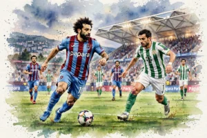 Mohamed Salah avec le maillot de Trabzonspor dribblant face à un joueur de Ferencváros lors du match de Ligue Europa au stade Papara Park, illustration aquarelle