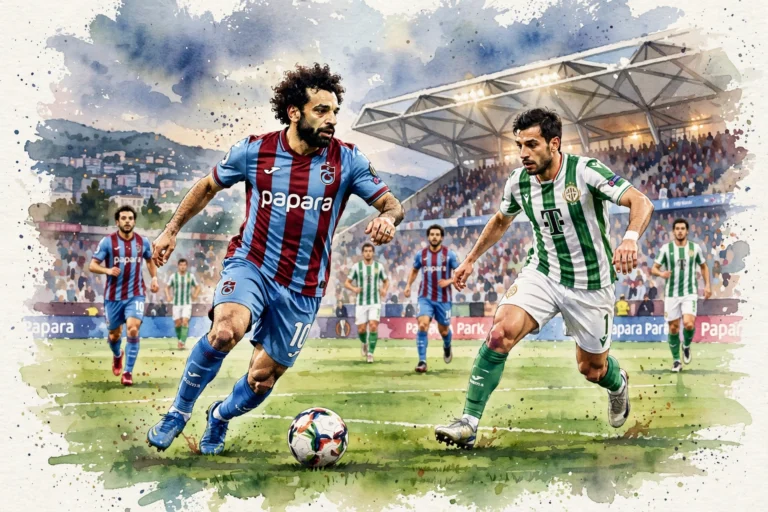 Mohamed Salah avec le maillot de Trabzonspor dribblant face à un joueur de Ferencváros lors du match de Ligue Europa au stade Papara Park, illustration aquarelle