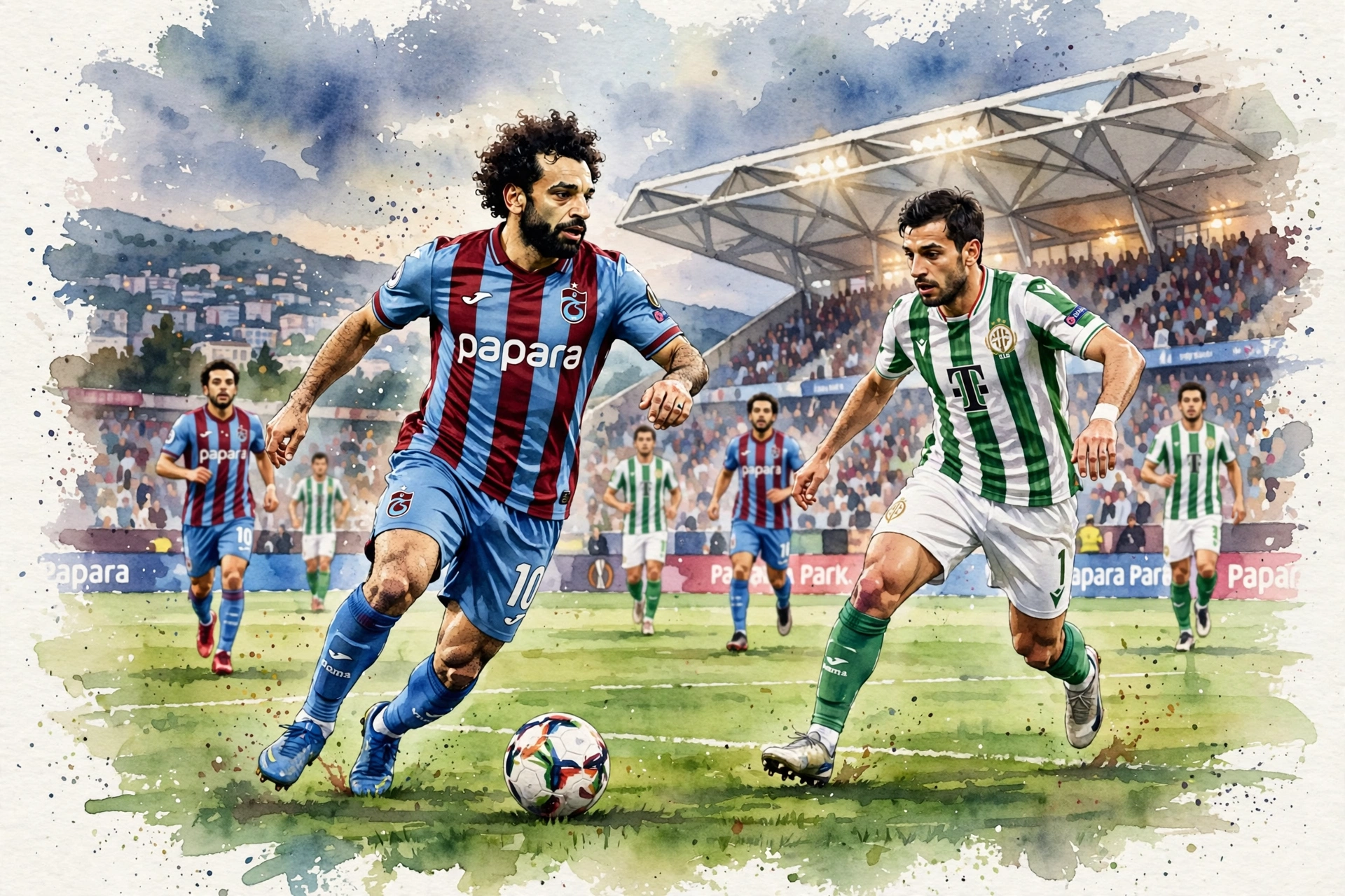 Mohamed Salah avec le maillot de Trabzonspor dribblant face à un joueur de Ferencváros lors du match de Ligue Europa au stade Papara Park, illustration aquarelle