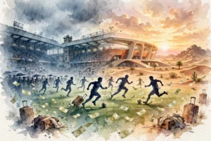 Aquarelle montrant des footballeurs qui courent d'un stade de football anglais sous la pluie vers un stade moderne dans le désert saoudien au coucher du soleil, avec des valises et des billets d'argent qui volent autour d'eux.