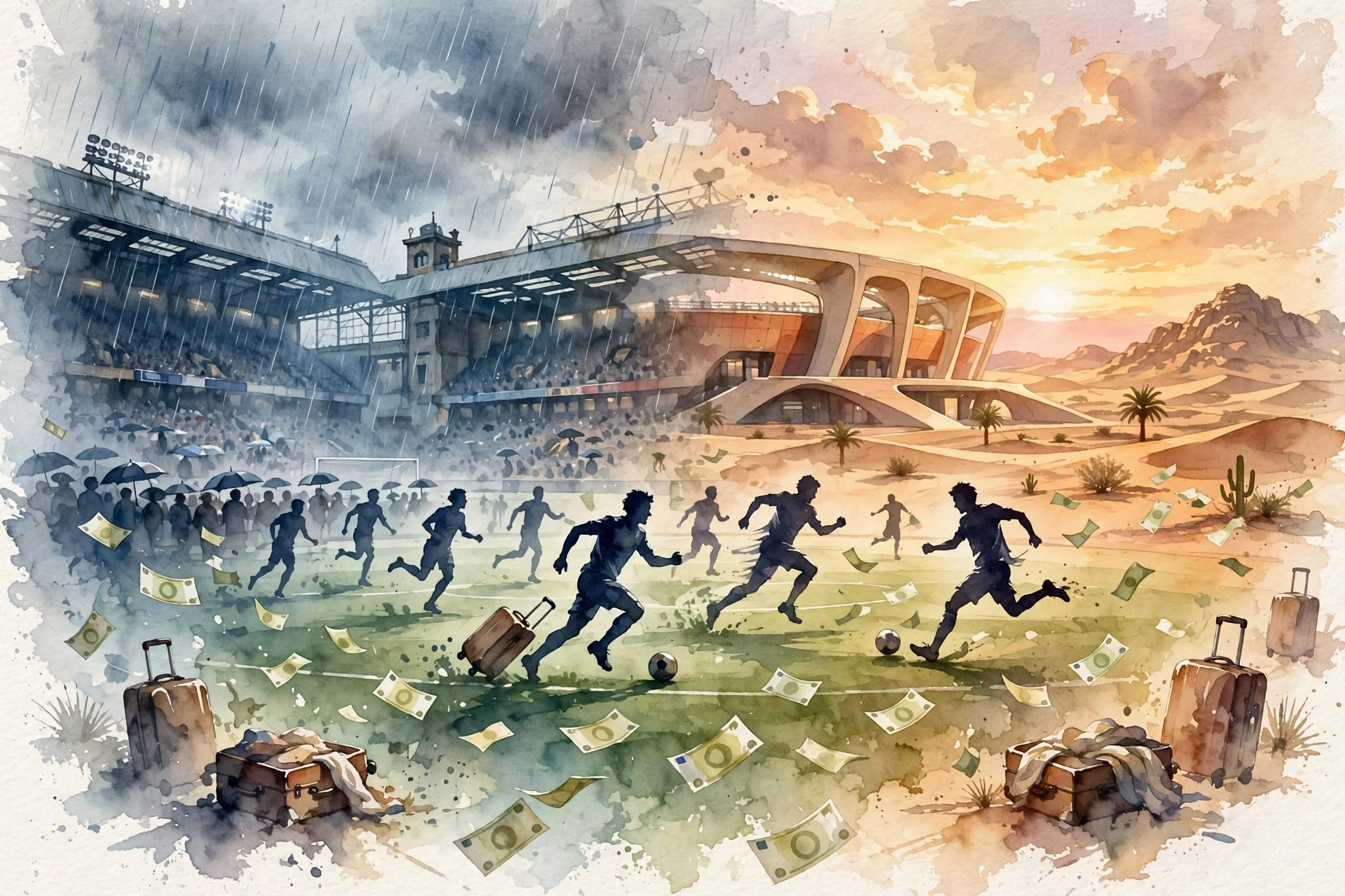 Aquarelle montrant des footballeurs qui courent d'un stade de football anglais sous la pluie vers un stade moderne dans le désert saoudien au coucher du soleil, avec des valises et des billets d'argent qui volent autour d'eux.