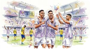 Illustration à l'aquarelle montrant la célébration des joueurs d'Al Ain en maillot blanc et violet après avoir battu Al Nassr 4-0. En premier plan, les frères Rahimi tout souriants s'enlacent, tandis que le tableau d'affichage du stade indique le score de 4-0 sous le regard déçu des joueurs d'Al Nassr en jaune.