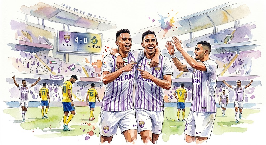 Illustration à l'aquarelle montrant la célébration des joueurs d'Al Ain en maillot blanc et violet après avoir battu Al Nassr 4-0. En premier plan, les frères Rahimi tout souriants s'enlacent, tandis que le tableau d'affichage du stade indique le score de 4-0 sous le regard déçu des joueurs d'Al Nassr en jaune.