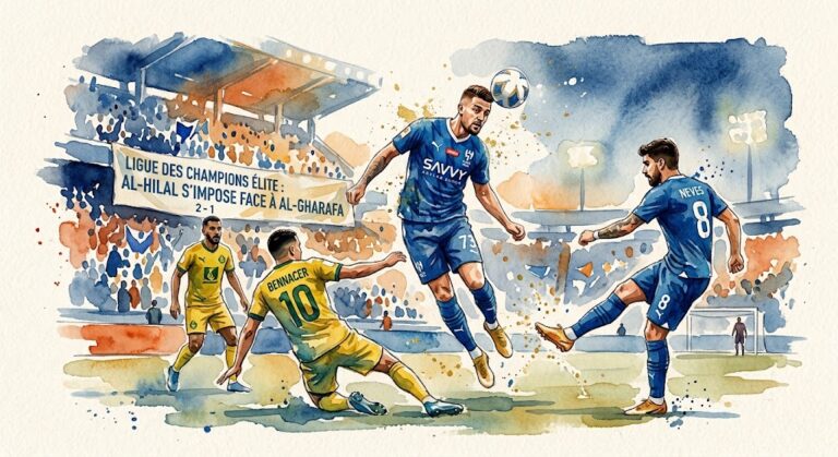 Illustration en aquarelle de l'action décisive du match de Ligue des Champions Élite opposant Al-Hilal à Al-Gharafa.