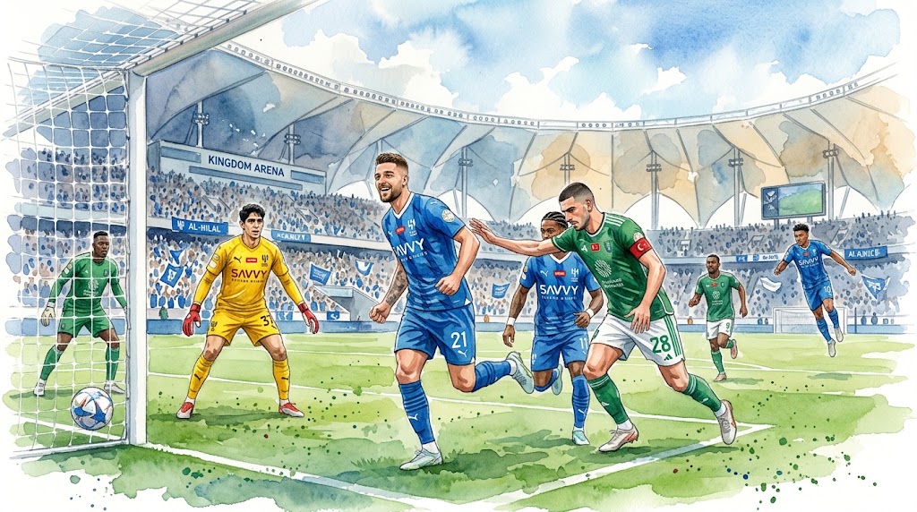 Illustration en style aquarelle du choc de Saudi Pro League entre Al-Hilal et Al-Ahli au Kingdom Arena de Riyad.