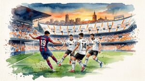 Aquarelle d'un match de football à Mestalla. Lamine Yamal (#19) du Barça dribble face à Gayà (#14) et deux défenseurs de Valence au coucher du soleil.
