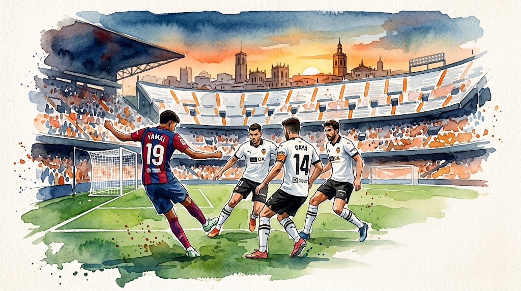 Aquarelle d'un match de football à Mestalla. Lamine Yamal (#19) du Barça dribble face à Gayà (#14) et deux défenseurs de Valence au coucher du soleil.