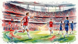 Aquarelle du derby londonien Arsenal vs Chelsea. Martin Ødegaard (#8) d'Arsenal célèbre la victoire avec férocité à l'Emirates Stadium.