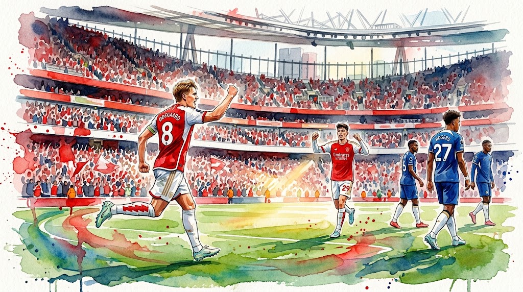 Aquarelle du derby londonien Arsenal vs Chelsea. Martin Ødegaard (#8) d'Arsenal célèbre la victoire avec férocité à l'Emirates Stadium.