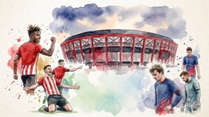 Illustration en style aquarelle montrant la célébration de Nico Williams et Oihan Sancet devant le stade San Mamés lors du match Athletic Bilbao - Atlético de Madrid (3-0).