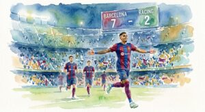Joueur du FC Barcelone célébrant un but lors de la victoire 7-2 contre Racing Santander en Liga.