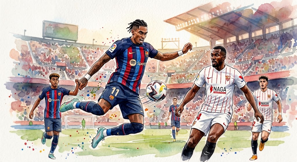 Illustration en aquarelle de Raphinha en maillot du FC Barcelone dribblant face aux défenseurs du FC Séville au stade Ramón Sánchez-Pizjuán.