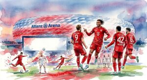 Illustration en aquarelle célébrant la victoire 7-0 du Bayern Munich contre l'Union Berlin avec Michael Olise et Harry Kane devant l'Allianz Arena.