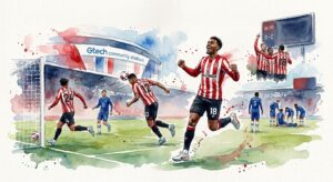 Illustration en aquarelle célébrant la victoire historique 3-0 de Brentford contre Chelsea au Gtech Community Stadium en Premier League.
