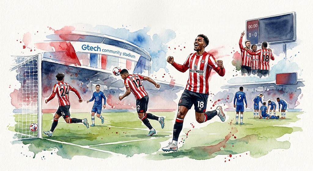 Illustration en aquarelle célébrant la victoire historique 3-0 de Brentford contre Chelsea au Gtech Community Stadium en Premier League.