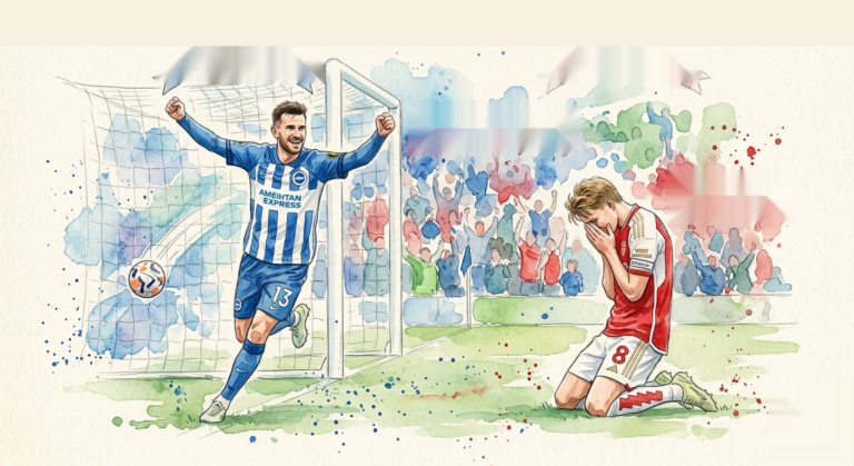 Illustration en aquarelle montrant la joie d'un joueur de Brighton célébrant un but devant les cages et la déception d'un joueur d'Arsenal à genoux.