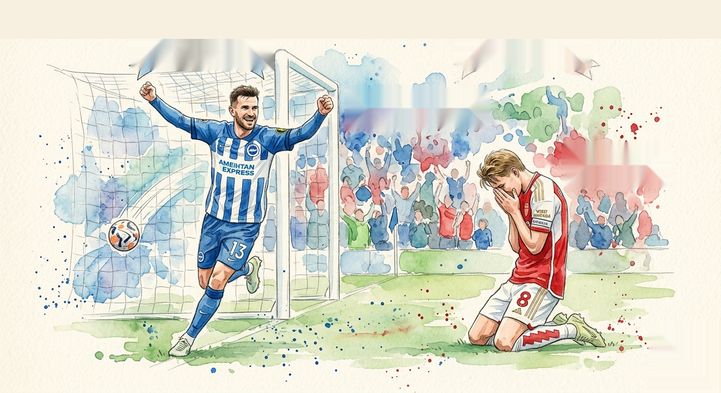 Illustration en aquarelle montrant la joie d'un joueur de Brighton célébrant un but devant les cages et la déception d'un joueur d'Arsenal à genoux.