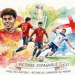 Une illustration dynamique à l'aquarelle célébrant la victoire de l'Espagne 3-2 contre l'Angleterre en Ligue des Nations. Sur la gauche, un grand portrait de Lamine Yamal (ou Oyarzabal, selon l'interprétation) exulte, son maillot portant le numéro 17. En arrière-plan, le drapeau espagnol s'étend. Le même joueur, numéro 17, est également représenté en action de course au centre. À droite, un joueur anglais (numéro 9, Harry Kane) glisse sur le sol avec déception, devant le drapeau anglais. Le trophée de la Ligue des Nations s'élève en arrière-plan. Un ruban au bas de l'image porte le texte manuscrit "VICTOIRE ESPAGNOLE (3-2) LIGUE DES NATIONS - RETOUR DU CHAMPION DU MONDE