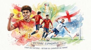 Une illustration dynamique à l'aquarelle célébrant la victoire de l'Espagne 3-2 contre l'Angleterre en Ligue des Nations. Sur la gauche, un grand portrait de Lamine Yamal (ou Oyarzabal, selon l'interprétation) exulte, son maillot portant le numéro 17. En arrière-plan, le drapeau espagnol s'étend. Le même joueur, numéro 17, est également représenté en action de course au centre. À droite, un joueur anglais (numéro 9, Harry Kane) glisse sur le sol avec déception, devant le drapeau anglais. Le trophée de la Ligue des Nations s'élève en arrière-plan. Un ruban au bas de l'image porte le texte manuscrit "VICTOIRE ESPAGNOLE (3-2) LIGUE DES NATIONS - RETOUR DU CHAMPION DU MONDE