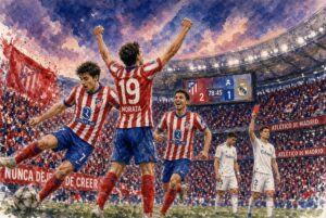 Illustration aquarelle d’Atlético Madrid célébrant sa victoire 2-1 contre le Real Madrid au stade Metropolitano lors du derby.
