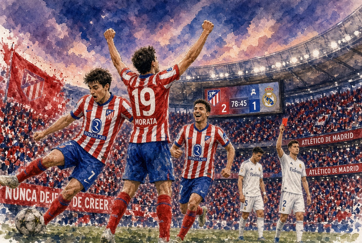 Illustration aquarelle d’Atlético Madrid célébrant sa victoire 2-1 contre le Real Madrid au stade Metropolitano lors du derby.