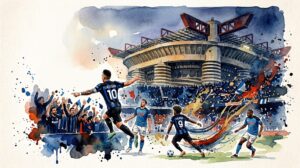Illustration en style aquarelle de la célébration de Lautaro Martínez et Marcus Thuram devant le stade San Siro lors de la victoire 3-2 de l'Inter Milan contre Naples.