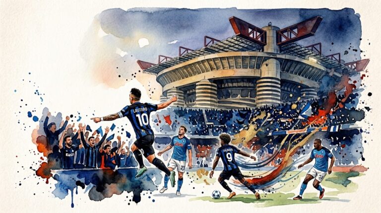 Illustration en style aquarelle de la célébration de Lautaro Martínez et Marcus Thuram devant le stade San Siro lors de la victoire 3-2 de l'Inter Milan contre Naples.