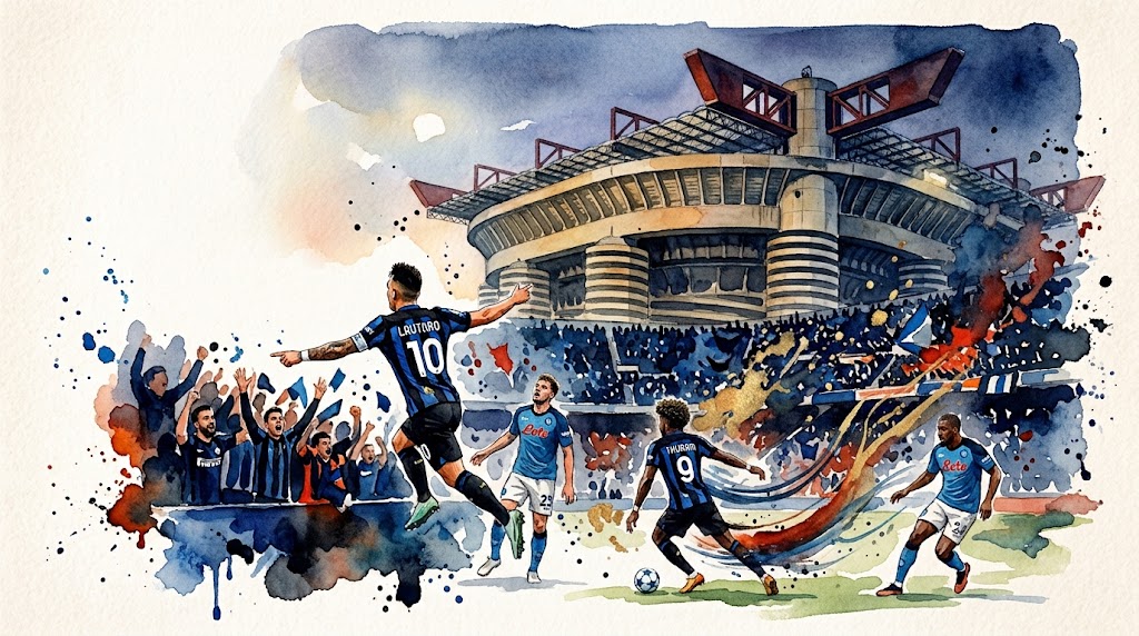 Illustration en style aquarelle de la célébration de Lautaro Martínez et Marcus Thuram devant le stade San Siro lors de la victoire 3-2 de l'Inter Milan contre Naples.