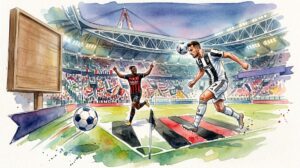 Une peinture à l'aquarelle de style illustration de presse pour un match de football Serie A entre la Juventus et le Milan AC à l'Allianz Stadium, montrant le score de 1-1, Gatti et Cissé en action, et la foule.